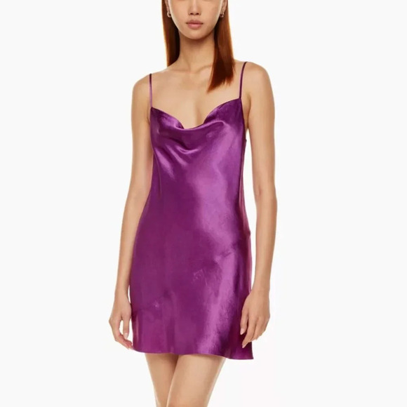 Aritzia Babaton Model Satin Cowl Neck Mini Dress NWT Grapevine Purple Burgundy - Picture 2 of 9